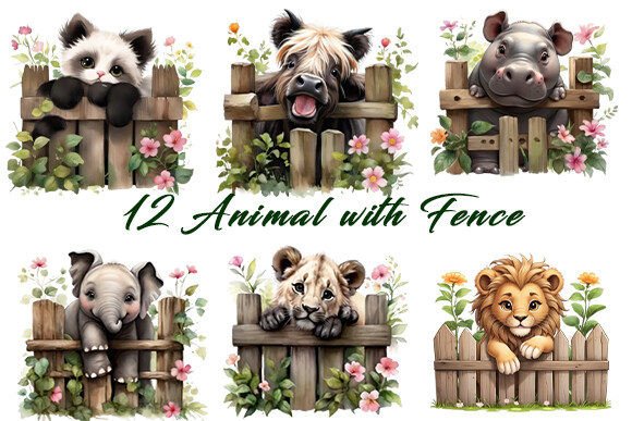 Animal with Fence Clipart PNG Bundle: Creative Design Assets