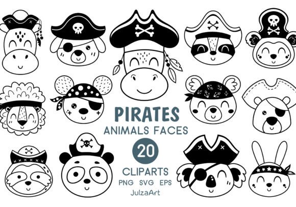 Black Pirate Animal Faces Clipart for Playful Design Projects