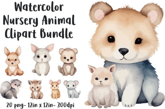 Charming Watercolor Nursery Animal Clipart Bundle
