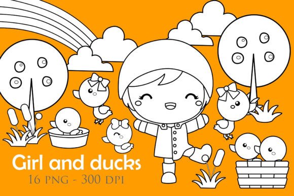 Cute Girl and Ducks Animal Digital Stamp: 16 Designs for Creative Projects