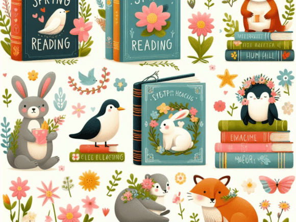 Whimsical Spring Reading Books Animal Clipart for Creative Projects